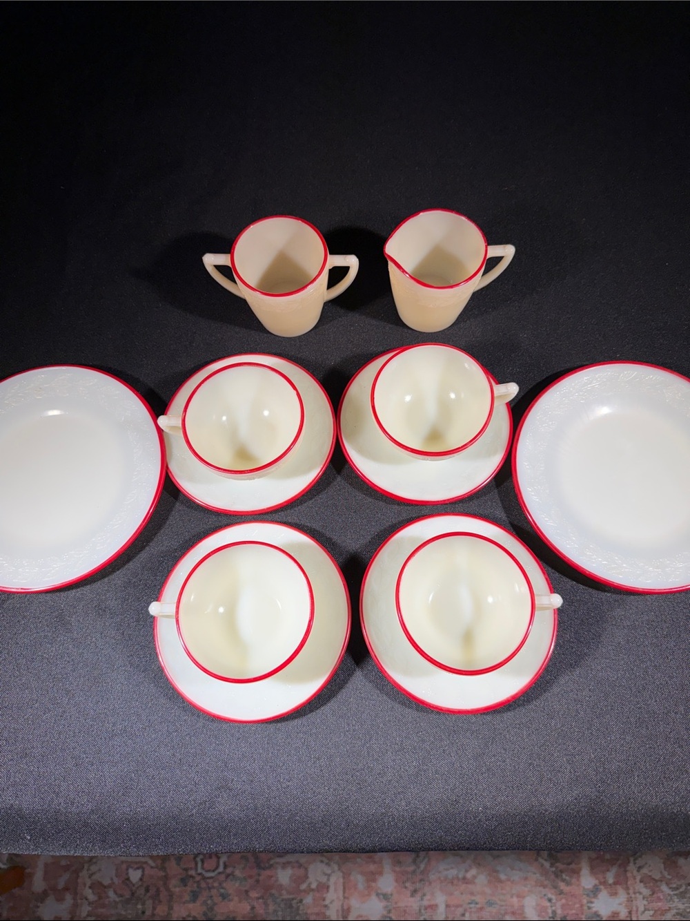 Vintage Cream Milk/Custard Glass Tea Set w/ Red Trim 4 Cups, Saucers & Creamers
